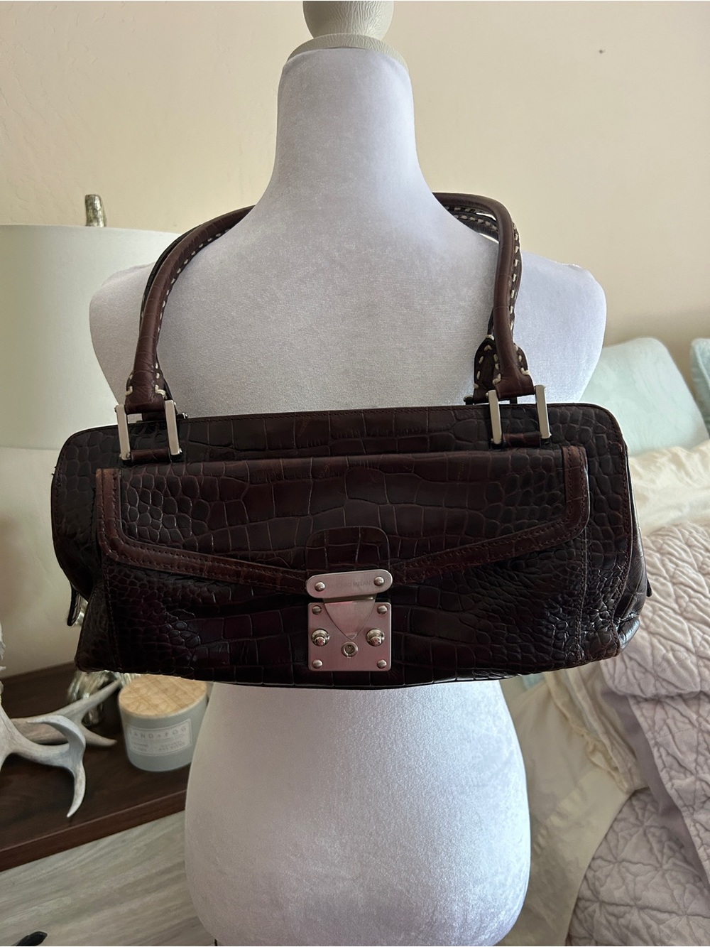 ANTONIO MELANI Croc-Embossed Dark Brown Shoulder Bag with Silver Hardware